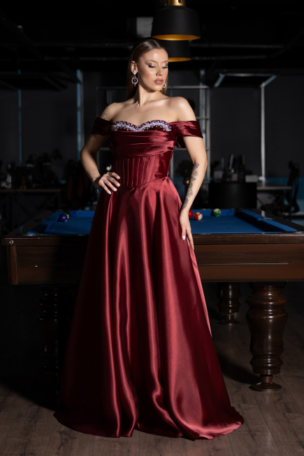 Robe de Soirée Longue Satin Rouge Bordeaux ABU5530