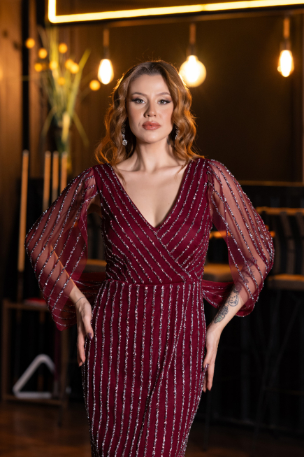 Robe de Soirée Longue Pierreux Rouge Bordeaux ABU5475