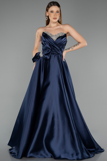 Robe de Soirée Longue Satin Bleu Marine ABU5541