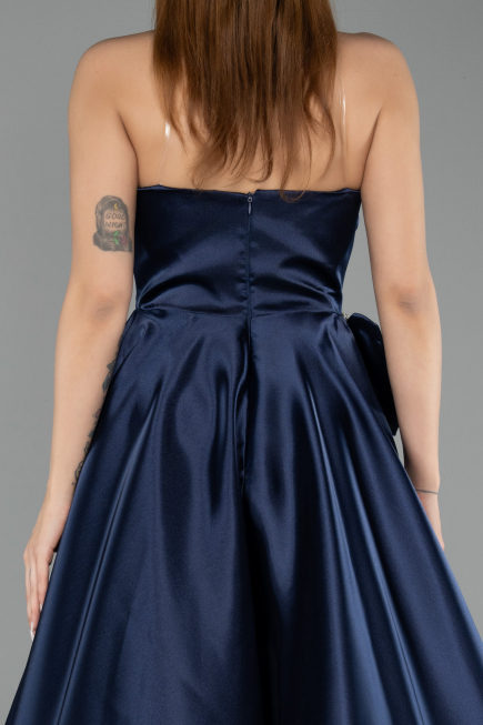 Robe de Soirée Longue Satin Bleu Marine ABU5541