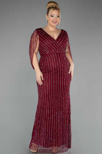 Robe de Soirée Grande Taille Longue Pierreux Rouge Bordeaux ABU5478