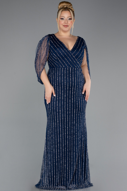 Robe de Soirée Grande Taille Longue Pierreux Bleu Marine ABU5478