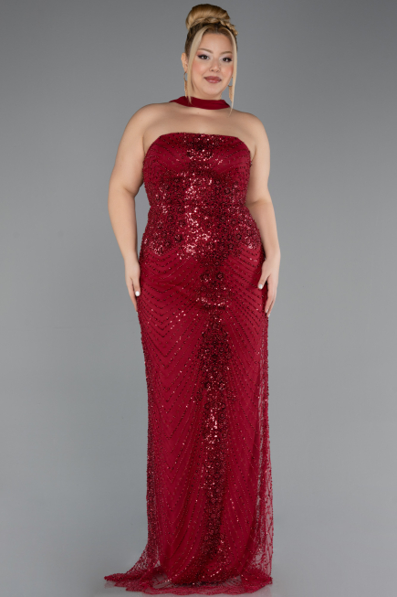 Robe De Soirée Grande Taille Longue Perlé Rouge Bordeaux ABU5495