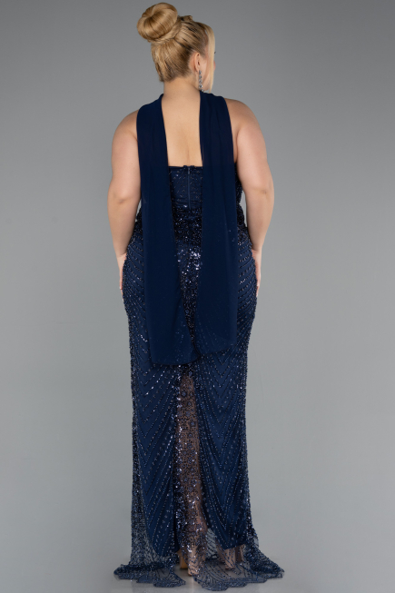 Robe De Soirée Grande Taille Longue Perlé Bleu Marine ABU5495