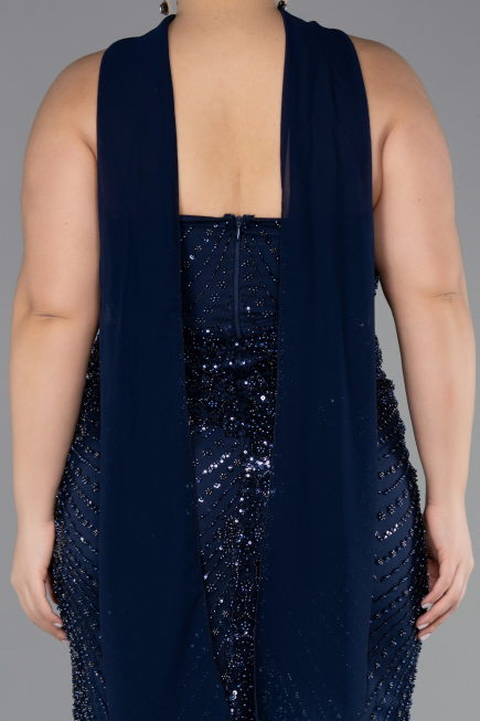 Robe De Soirée Grande Taille Longue Perlé Bleu Marine ABU5495