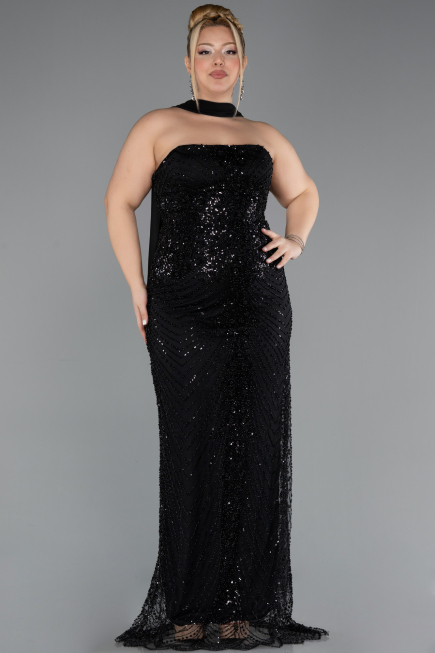 Robe De Soirée Grande Taille Longue Perlé Noir ABU5495
