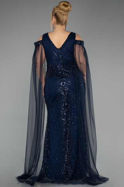 Robe De Soirée Grande Taille Longue Perlé Bleu Marine ABU5498