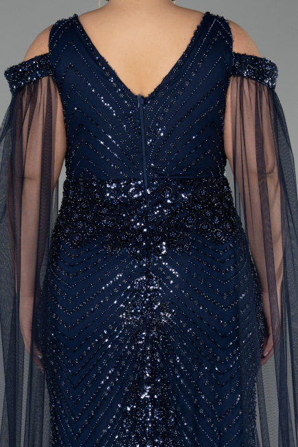 Robe De Soirée Grande Taille Longue Perlé Bleu Marine ABU5498