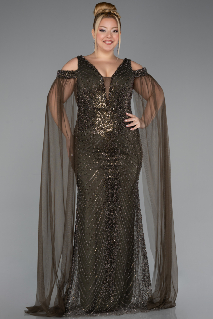 Robe De Soirée Grande Taille Longue Perlé Kaki ABU5498