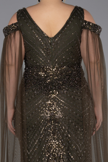 Robe De Soirée Grande Taille Longue Perlé Kaki ABU5498