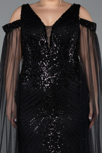 Robe De Soirée Grande Taille Longue Perlé Noir ABU5498