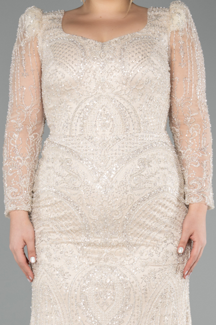 Robe de Soirée Longue Perlé Beige ABU5387