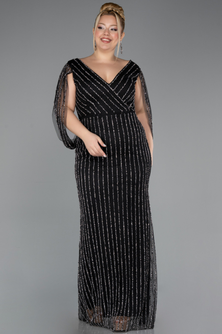 Robe de Soirée Grande Taille Longue Pierreux Noir ABU5478