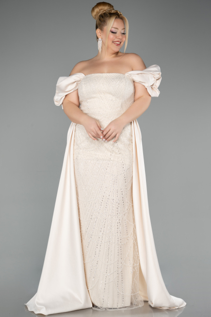 Robe De Soirée Grande Taille Perlé Longue Beige ABU5155