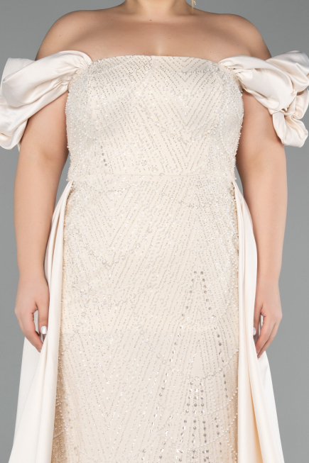 Robe De Soirée Grande Taille Perlé Longue Beige ABU5155