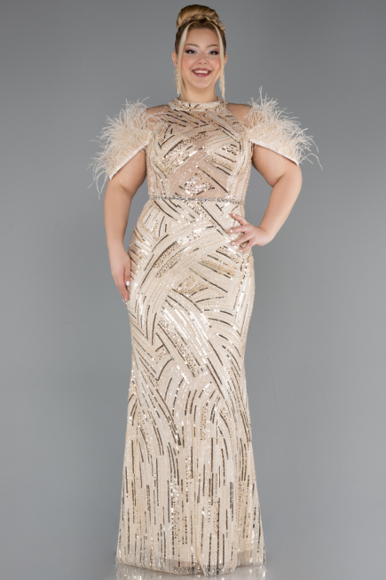 Robe de Soirée Grande Taille Longue Perlé Beige ABU5540