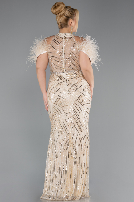 Robe de Soirée Grande Taille Longue Perlé Beige ABU5540