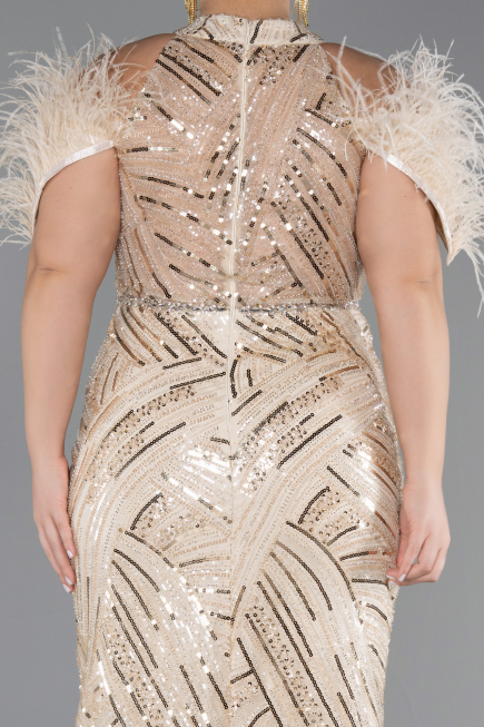 Robe de Soirée Grande Taille Longue Perlé Beige ABU5540