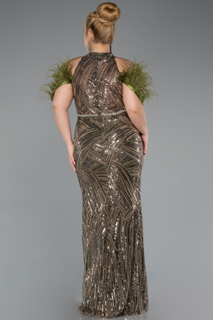 Robe de Soirée Grande Taille Longue Perlé Kaki ABU5540