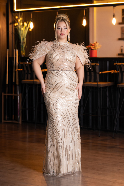 Robe de Soirée Grande Taille Longue Perlé Beige ABU5540