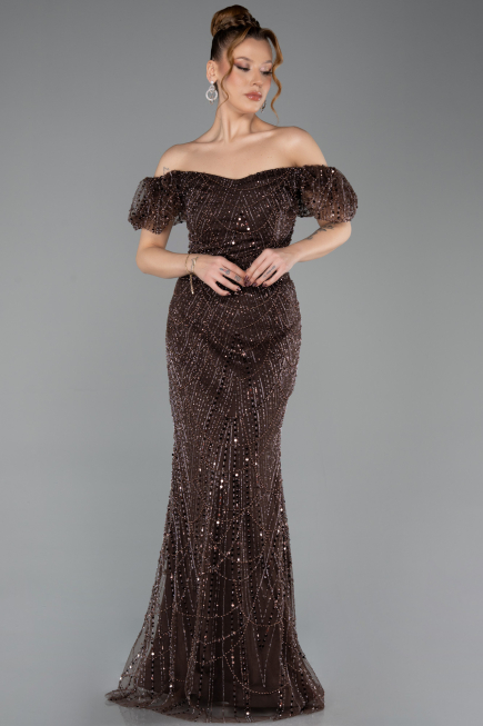 Robe de Soirée Longue Perlé Brun ABU5547