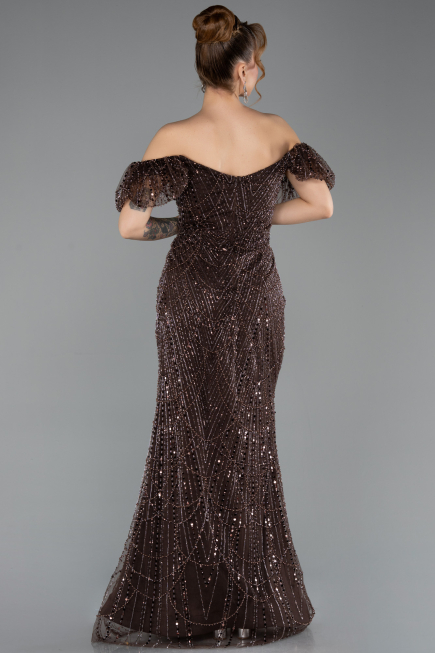 Robe de Soirée Longue Perlé Brun ABU5547