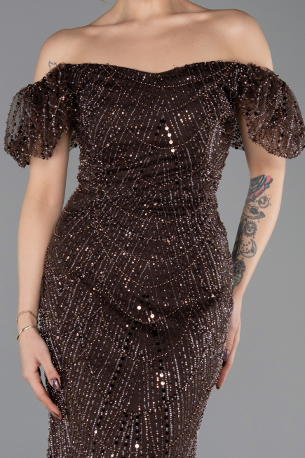 Robe de Soirée Longue Perlé Brun ABU5547