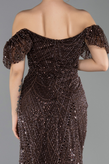 Robe de Soirée Longue Perlé Brun ABU5547