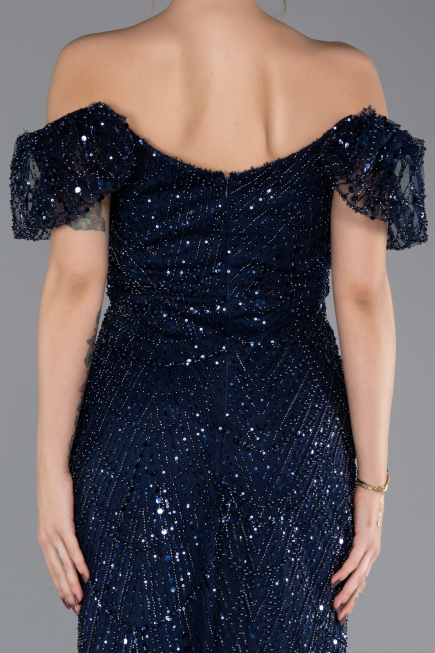 Robe de Soirée Longue Perlé Bleu Marine ABU5547