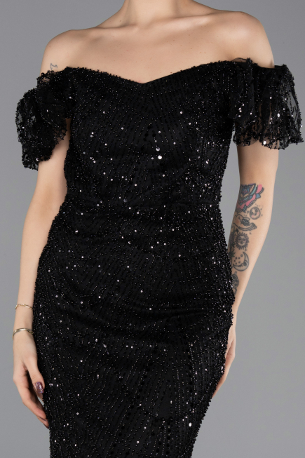 Robe de Soirée Longue Perlé Noir ABU5547
