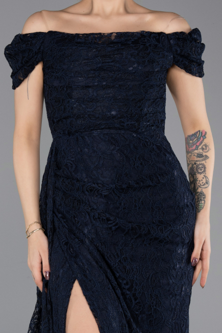 Robe de Soirée Longue Lacé Bleu Marine ABU5553