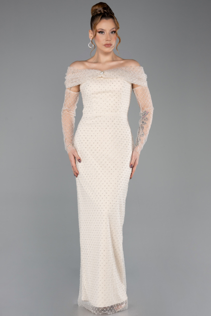 Robe de Soirée Longue Perlé Beige ABU5550