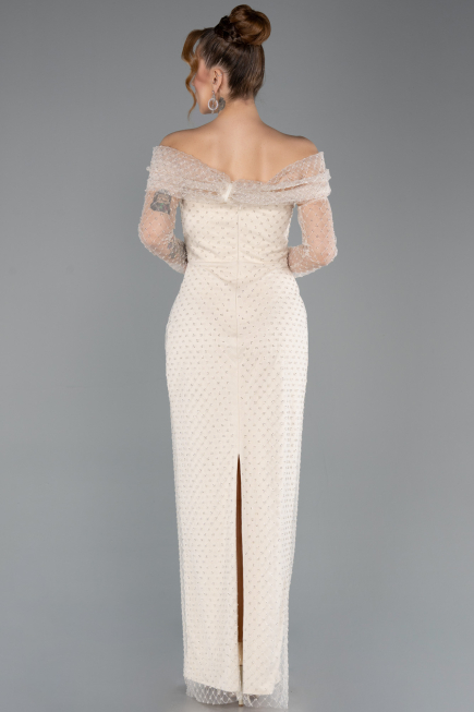 Robe de Soirée Longue Perlé Beige ABU5550