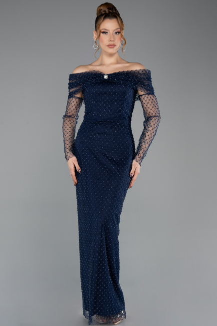 Robe de Soirée Longue Perlé Bleu Marine ABU5550