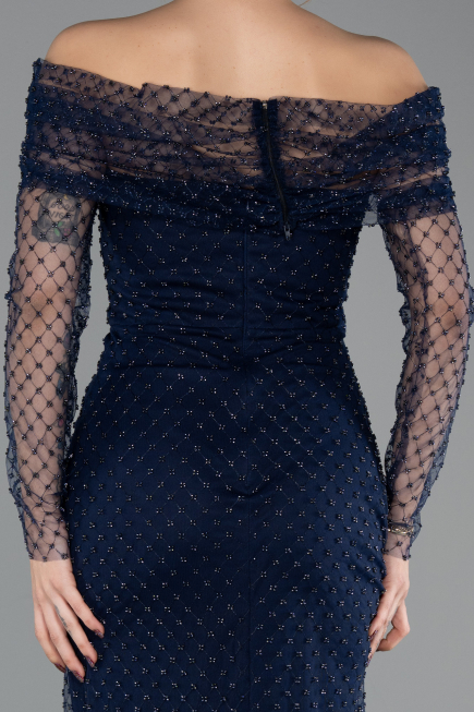 Robe de Soirée Longue Perlé Bleu Marine ABU5550