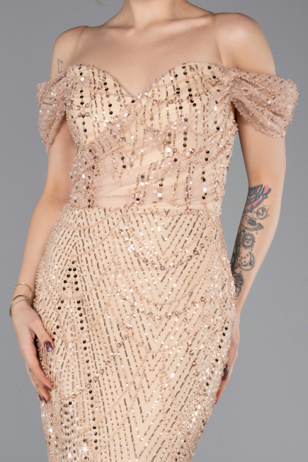 Robe de Soirée Longue Perlé Or ABU5557
