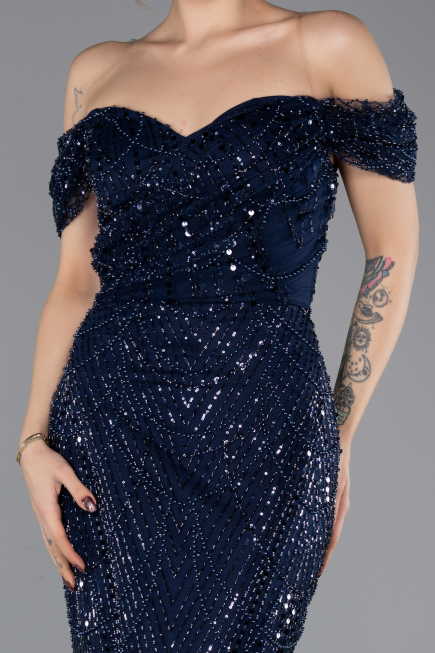 Robe de Soirée Longue Perlé Bleu Marine ABU5557