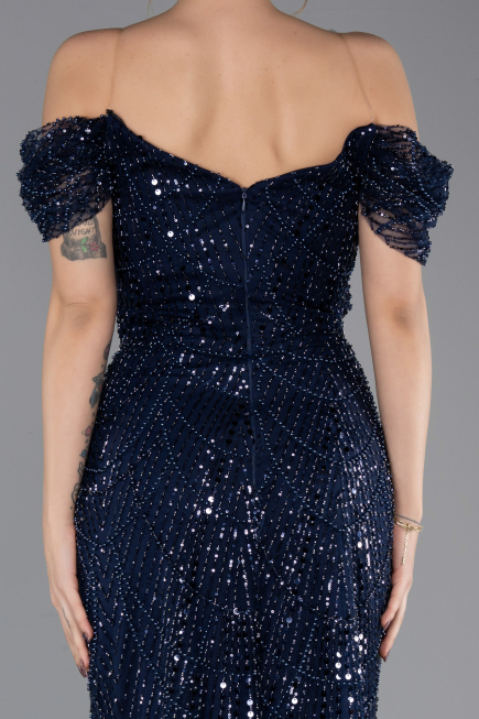 Robe de Soirée Longue Perlé Bleu Marine ABU5557