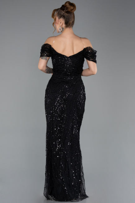 Robe de Soirée Longue Perlé Noir ABU5557