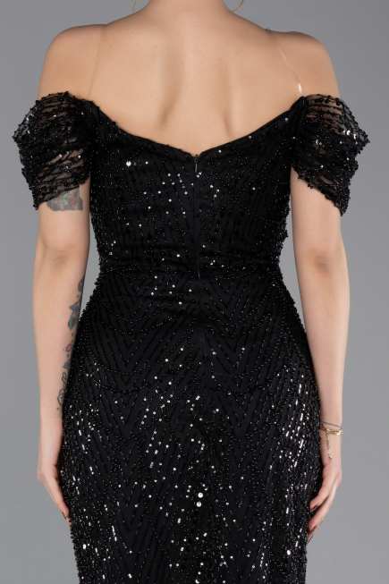 Robe de Soirée Longue Perlé Noir ABU5557