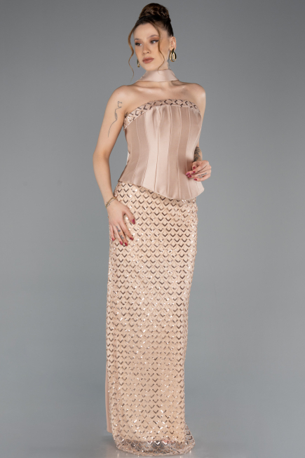 Robe de Soirée Longue Perlé Or ABU5556