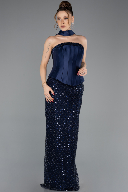 Robe de Soirée Longue Perlé Bleu Marine ABU5556