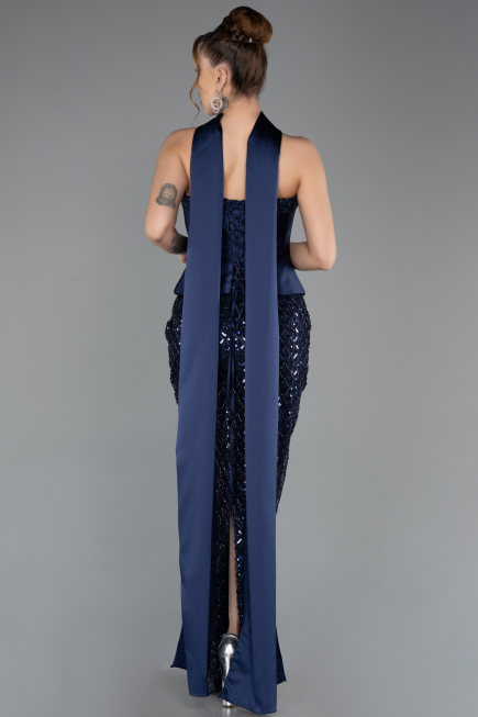 Robe de Soirée Longue Perlé Bleu Marine ABU5556