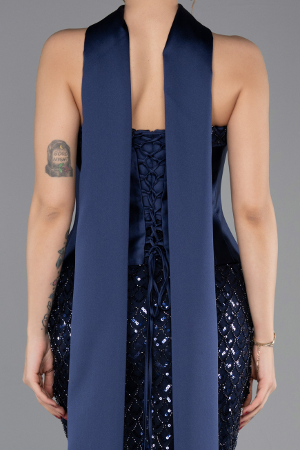 Robe de Soirée Longue Perlé Bleu Marine ABU5556