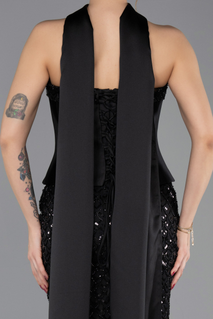 Robe de Soirée Longue Perlé Noir ABU5556