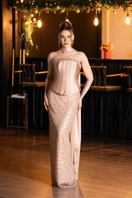 Robe de Soirée Longue Perlé Or ABU5556