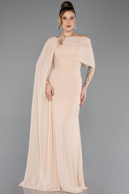 Robe de Soirée Longue Mousseline Beige ABU5418