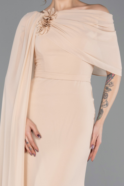 Robe de Soirée Longue Mousseline Beige ABU5418