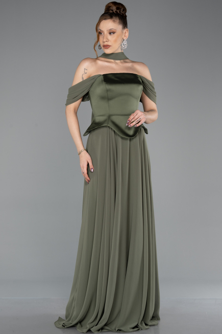 Robe de Soirée Longue Mousseline Kaki ABU5327