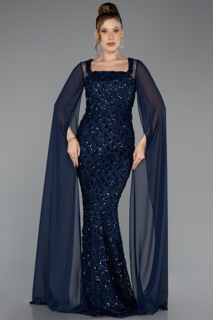 Robe de Soirée Longue Squameuse Bleu Marine ABU5589